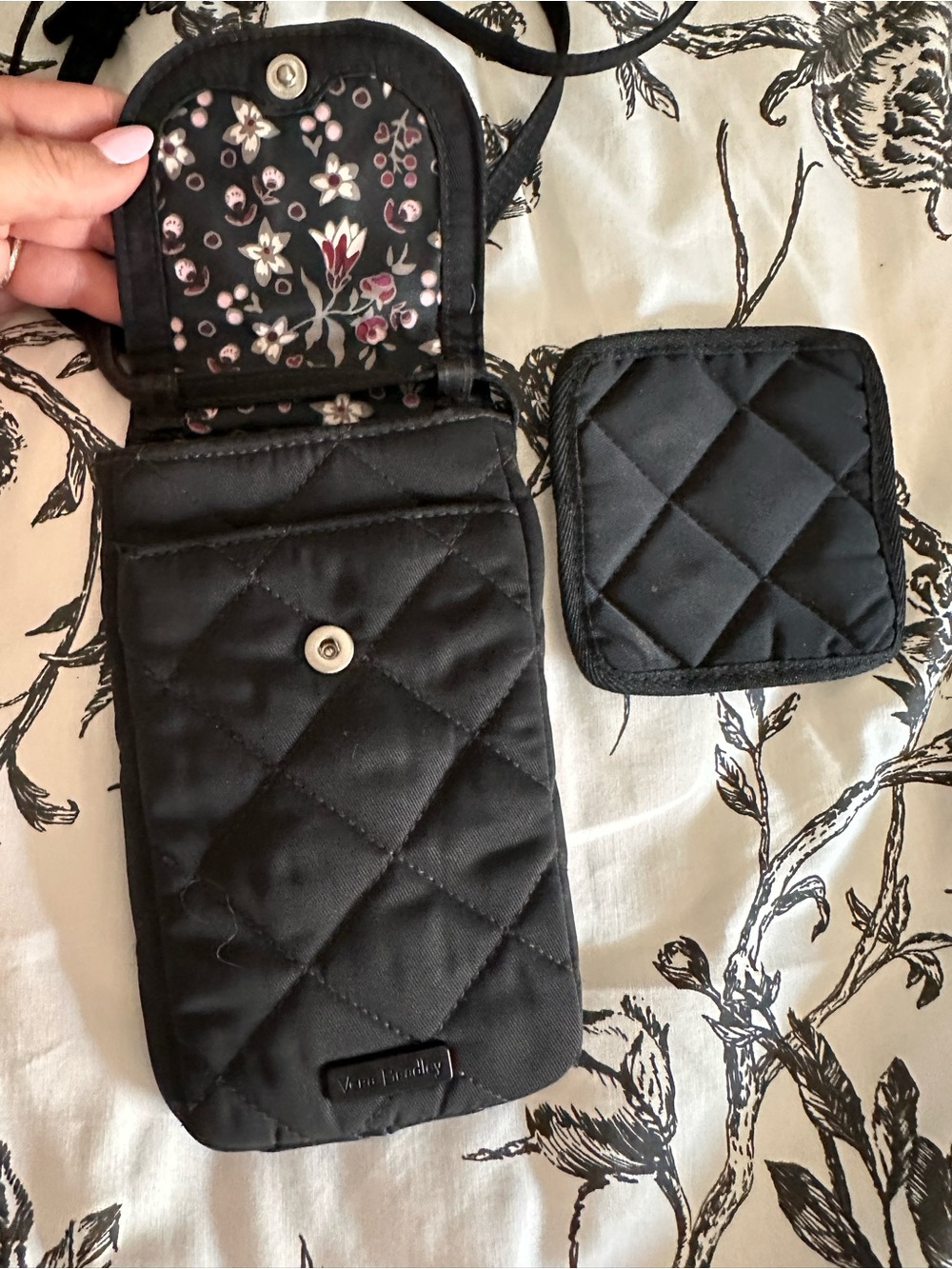 Vera Bradley, black Quilted Phone Crossbody Bag with Floral Lining and coaster